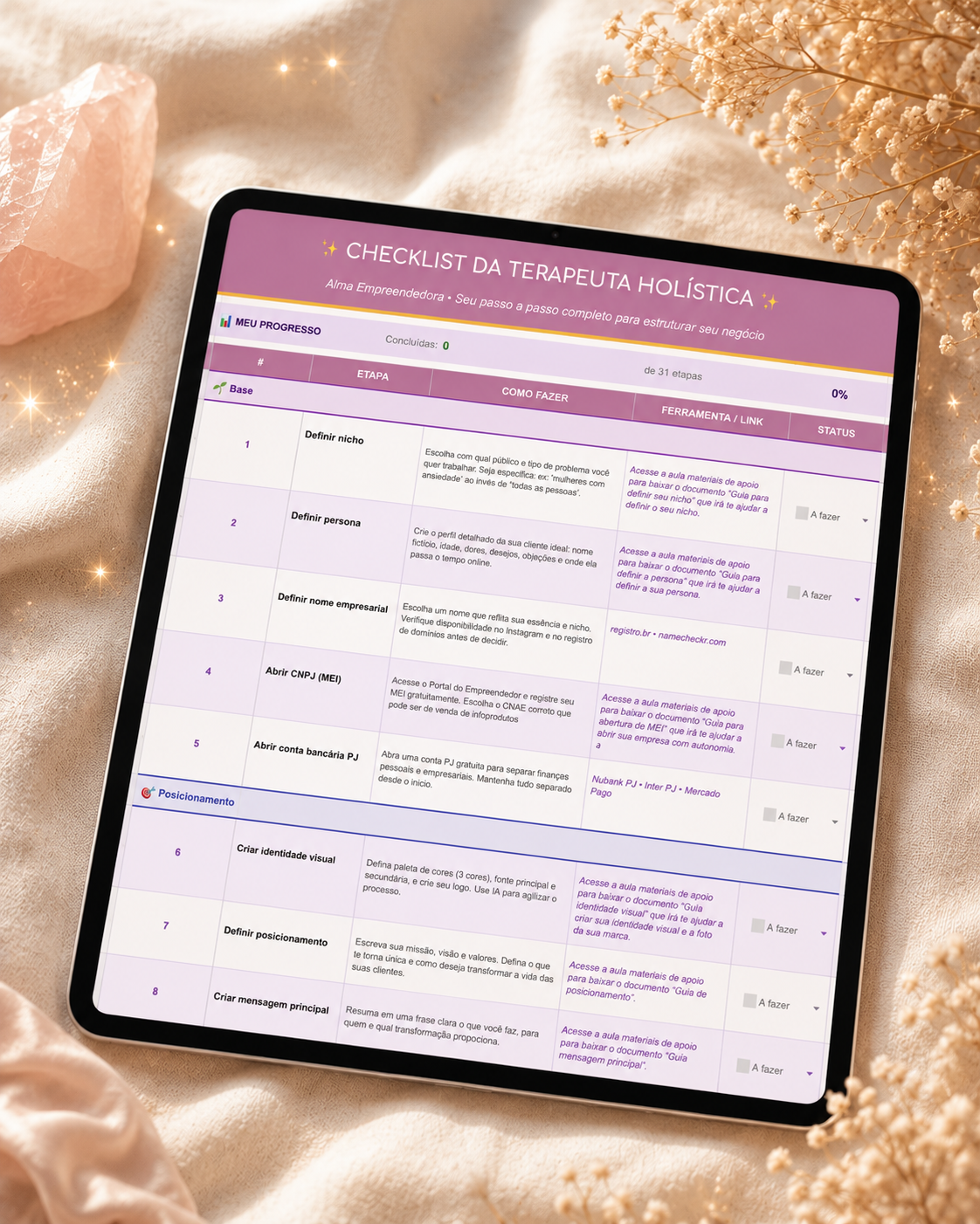 Mockup do iPad — checklist Alma Empreendedora